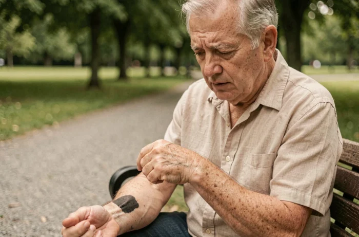 Homme âgé examinant une tache cutanée suspecte sur son bras en plein air, sensibilisation au cancer de la peau