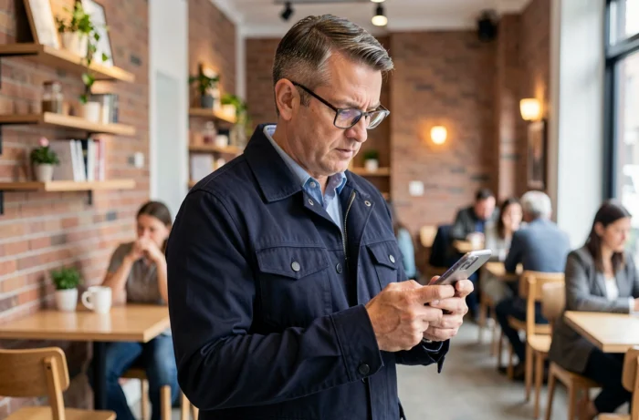 Homme analysant les avis clients Tarenoi sur son smartphone dans un café urbain
