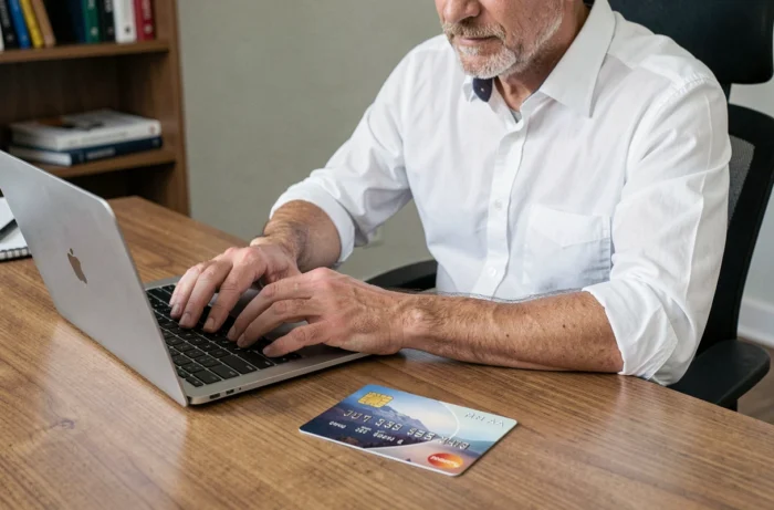 Homme au bureau consultant sa carte bancaire pour trouver la date de validité MM AA avant un paiement en ligne