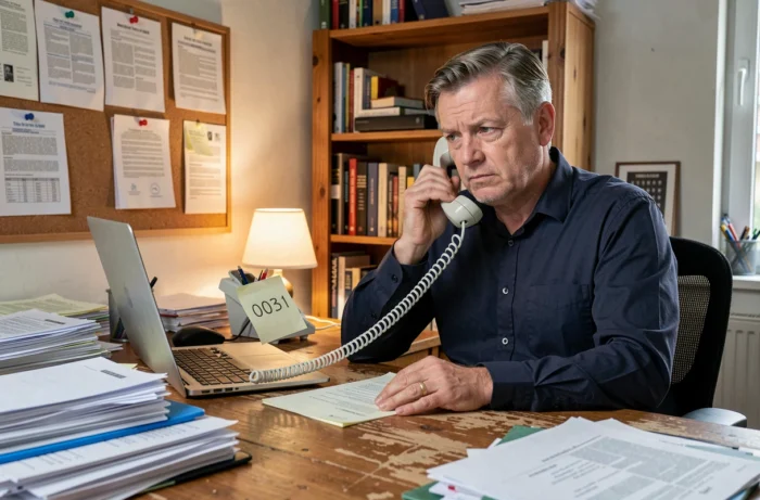 Homme au bureau tenant un combiné téléphonique et examinant un numéro en 0031 noté sur un post-it