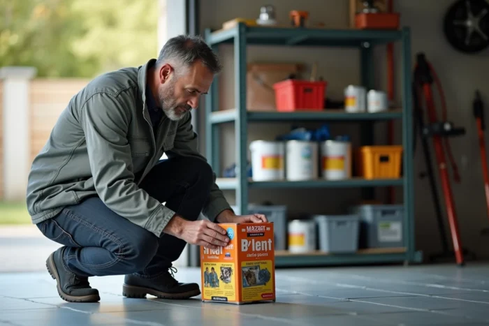 Homme examinant un piège à fouine dans un rayon de bricolage, comparant les produits disponibles