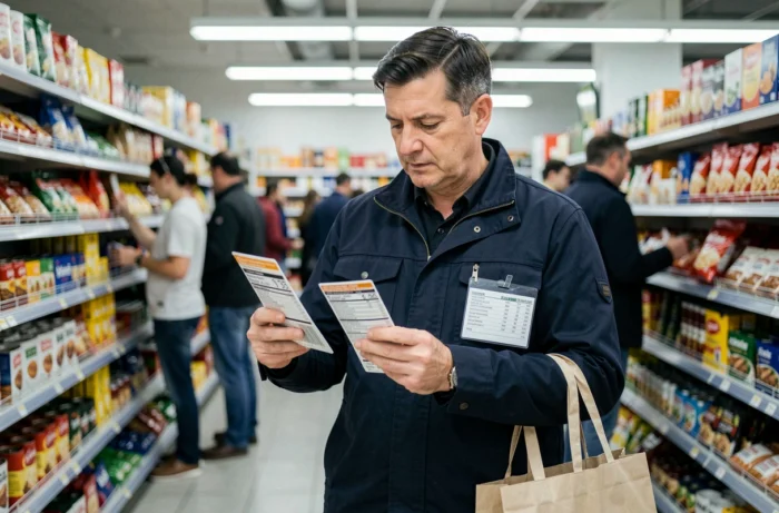 Homme comparant des étiquettes de produits dans un supermarché pour faire des économies sur ses courses quotidiennes