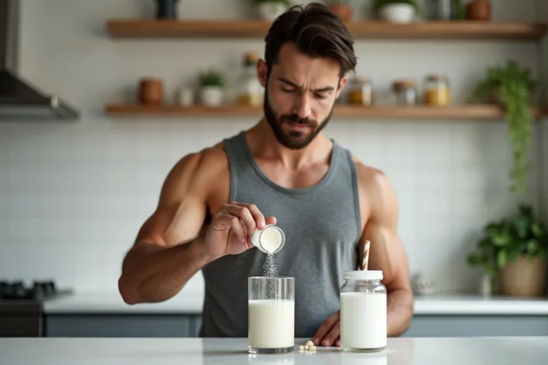 Homme préparant une boisson à la créatine avec des probiotiques dans une cuisine moderne