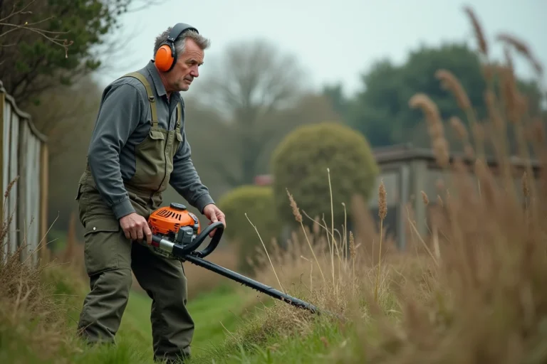 Homme utilisant une débroussailleuse thermique pour entretenir les bordures d'un jardin rural envahi par les herbes folles