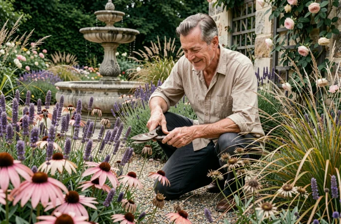 Homme entretenant une bordure de vivaces en fleurs dans un jardin de style cottage français, taillant des fleurs séchées avec des cisailles