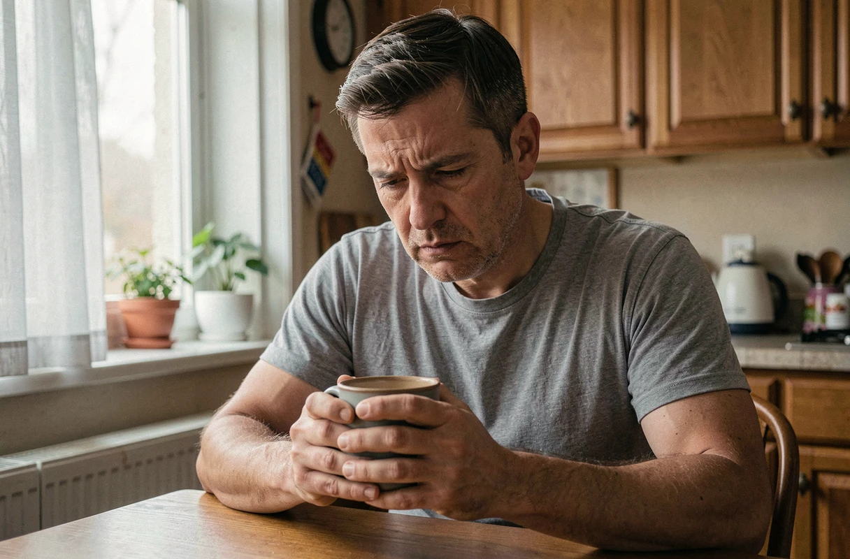 Homme épuisé tenant une tasse de café dans une cuisine, représentant l'isolement et la fatigue mentale liés au PTSD
