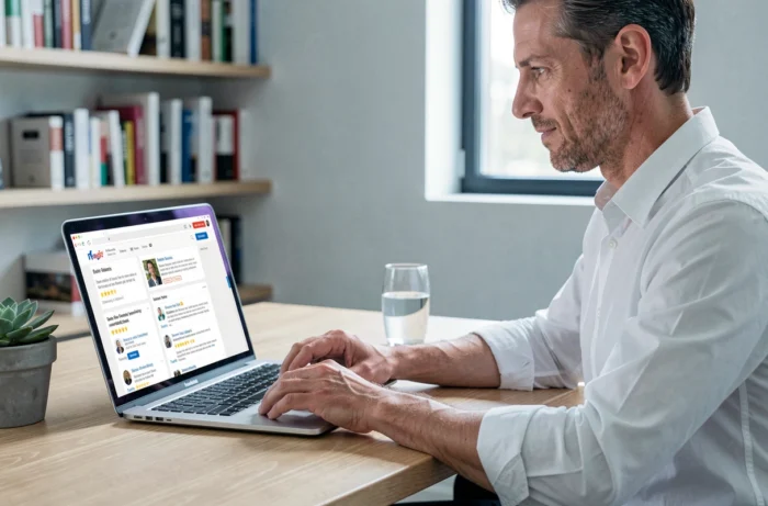 Homme consultant des témoignages sur un forum dédié à Haplex Plus sur son ordinateur portable