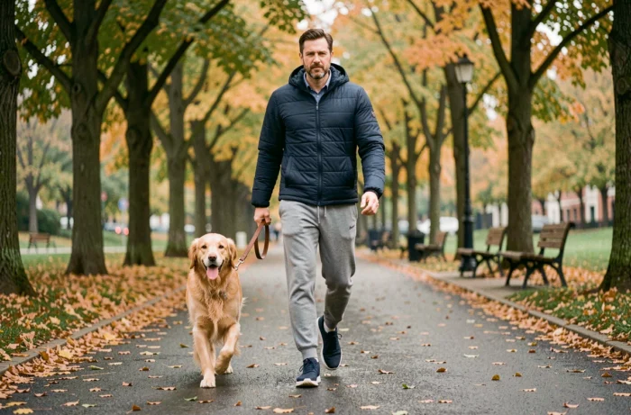 Homme promenant son golden retriever dans un parc urbain aux couleurs automnales, reflet du bien-être apporté par les animaux de compagnie