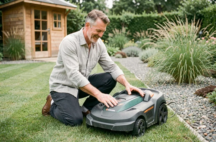 Homme d'âge mûr inspectant sa tondeuse robot Gardena R50Li agenouillé sur une pelouse bien tondue dans son jardin