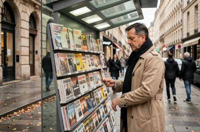 Homme lisant des magazines à un kiosque à journaux en ville, s'informant sur l'actualité