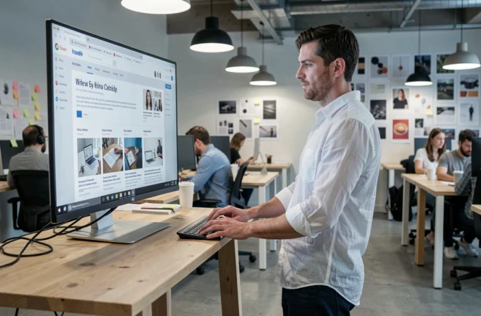 Homme lisant des articles sur les tendances web dans un espace de coworking contemporain