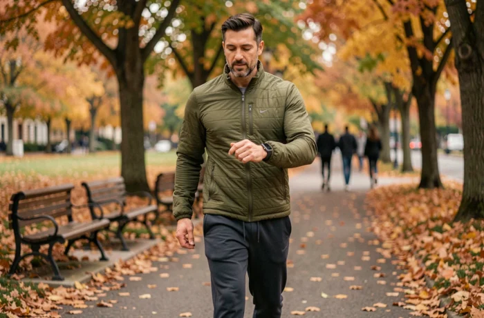 Homme faisant de l'exercice dans un parc en automne, symbolisant la prévention des maladies par une activité physique régulière