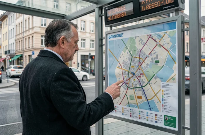 Homme consultant le plan du réseau de tram affiché dans un abri de tramway à Grenoble