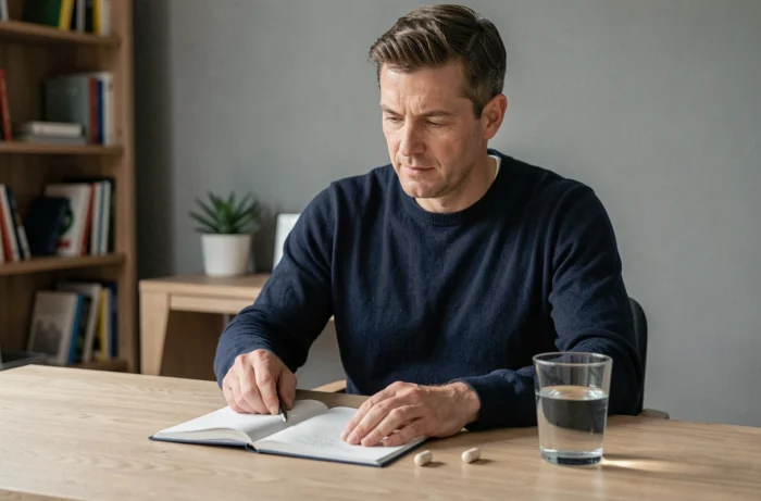Homme consultant un journal de santé et prenant un complément alimentaire au bureau, illustrant l'utilisation quotidienne de Safralite