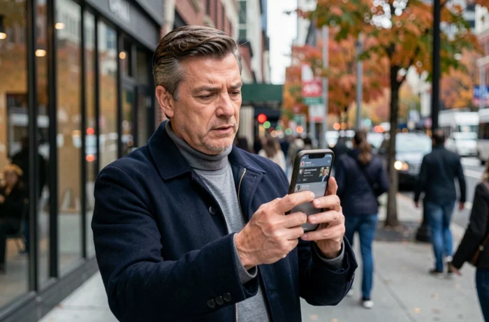 Homme consultant une tendance émergente sur les réseaux sociaux sur son téléphone en pleine rue dans une ville animée