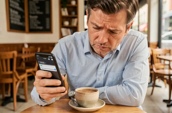 Homme vérifiant l'URL suspecte d'un site web sur son smartphone dans un café