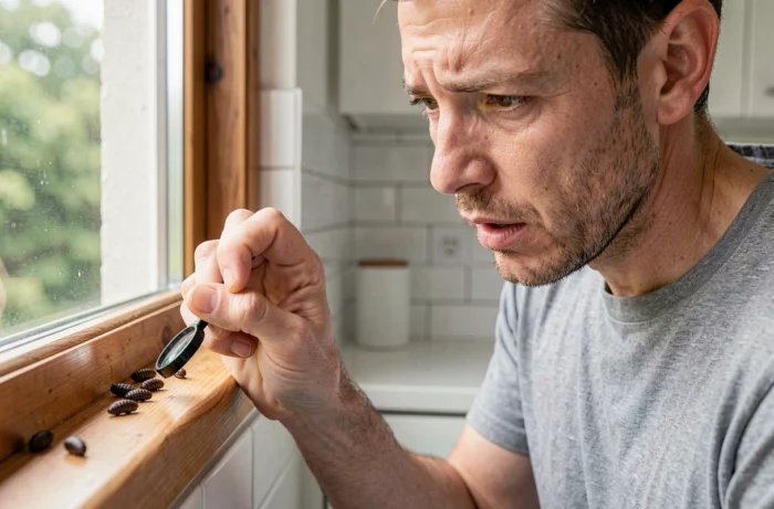 Une personne inspectant de près des pupes de mouche sur un cadre de fenêtre en bois dans une cuisine moderne, loupe à la main