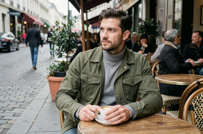 Homme stylé en veste chore verte et col roulé gris assis en terrasse de café parisien, tenue mode automne-hiver tendance