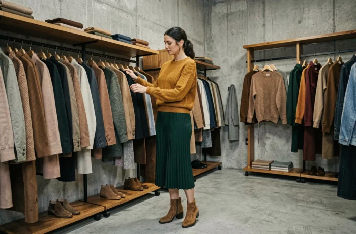 Femme parcourant des portants de vêtements dans une boutique de mode indépendante aux tons naturels