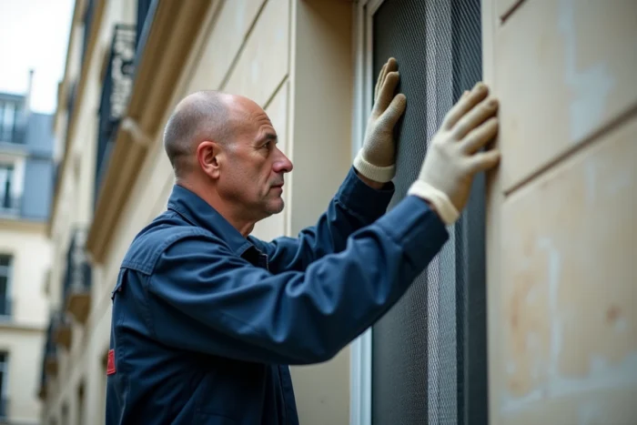 Ouvrier en copropriété installant un grillage de protection sur une fenêtre d'immeuble haussmannien à Paris