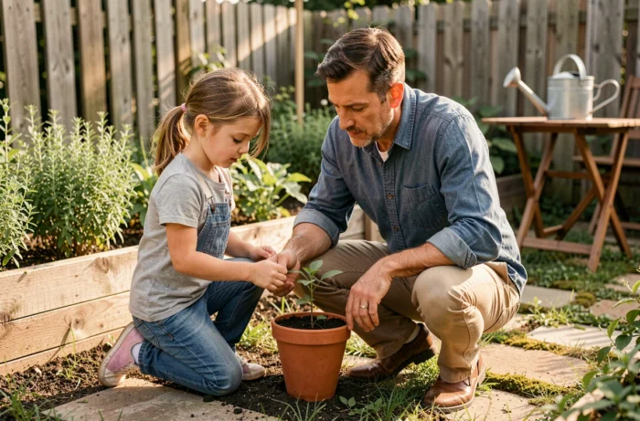Père et fillette explorant ensemble un plant dans un jardin familial, moment de partage éducatif et bienveillant en plein air