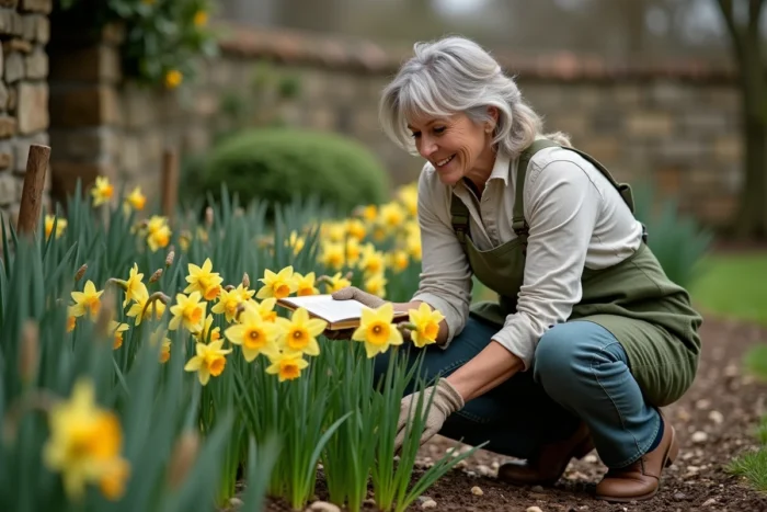 Jardinière observant un massif de jonquilles et narcisses en fleurs au printemps avec un guide botanique à la main