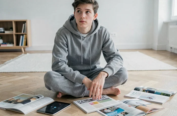 Jeune adulte consultant des magazines et une tablette pour s'informer sur l'actualité et la culture générale