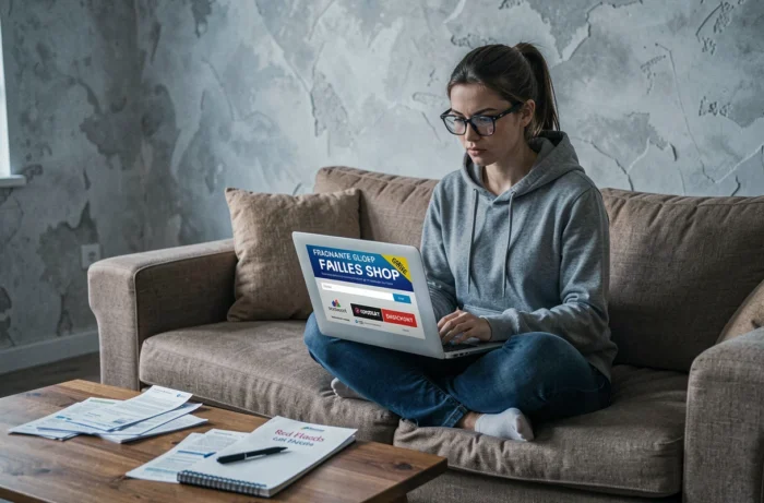 Jeune femme prenant des notes sur les signaux d'alerte d'un site frauduleux depuis son canapé