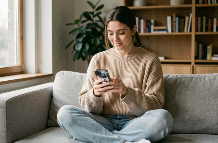 Jeune femme parcourant un réseau social tendance sur son smartphone dans un salon minimaliste moderne