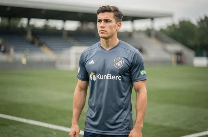 Portrait d'un jeune footballeur professionnel en tenue d'entraînement sur un terrain de football, illustrant l'article sur les origines et la nationalité des parents de Matthis Abline