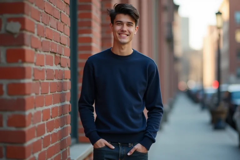 Jeune homme grand souriant en pull bleu marine devant un mur de briques en milieu urbain