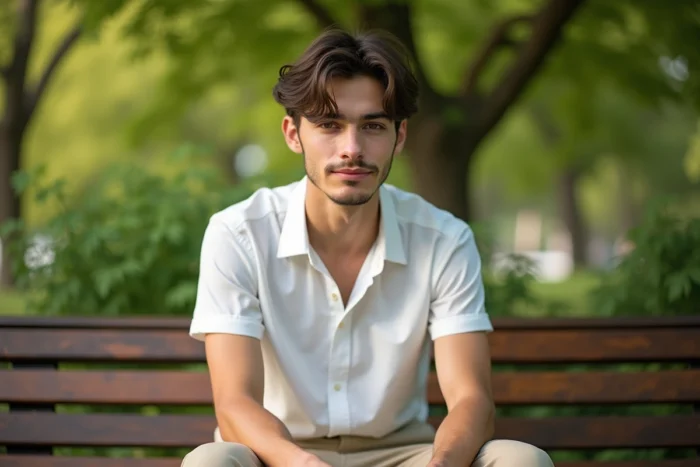 Jeune homme aux yeux sombres assis sur un banc de parc en chemise blanche avec expression naturelle