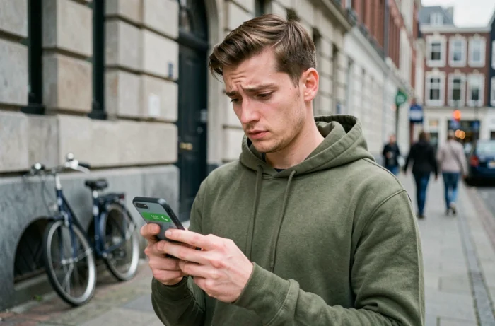 Jeune homme dans la rue regardant son téléphone avec méfiance après un appel manqué d'un numéro en 0031