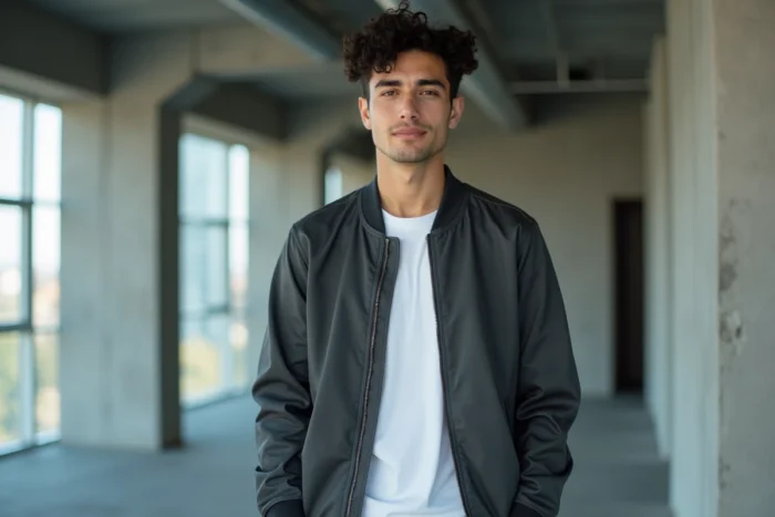 Jeune homme confiant en veste grise dans un espace intérieur moderne avec vue sur la ville