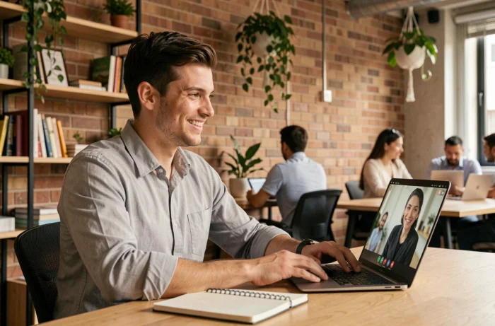 Jeune professionnel en télétravail dans un espace de coworking moderne, illustrant l'accompagnement de carrière et les services professionnels à distance