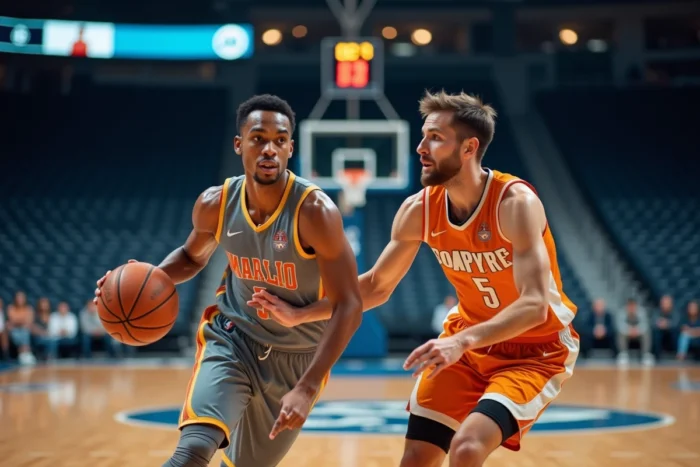 Deux joueurs de basket-ball en duel lors d'un match professionnel dans une salle omnisports