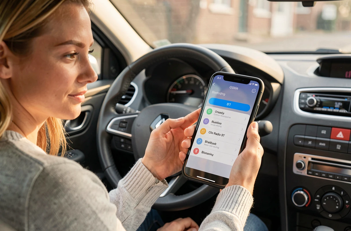 Femme associant son smartphone via Bluetooth avec l'autoradio d'une Renault Clio 3