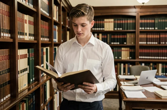 Juriste en droit des affaires effectuant des recherches dans une bibliothèque juridique professionnelle