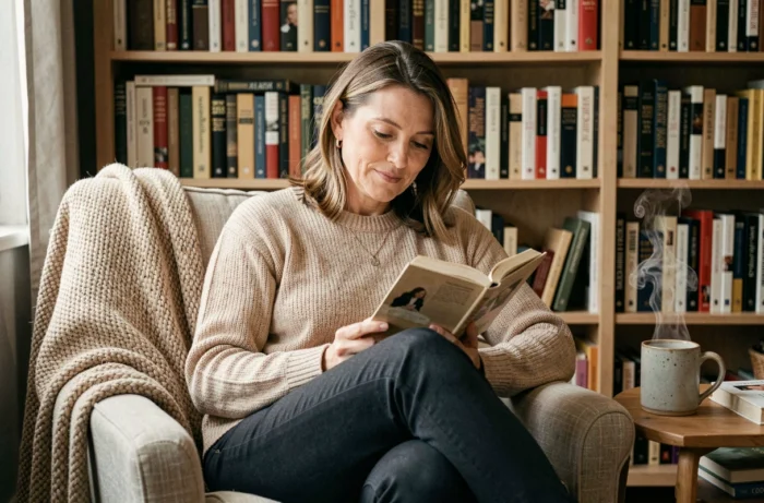 Femme détendue lisant un livre dans un fauteuil confortable d'un salon cosy avec bibliothèque et tasse de thé chaud