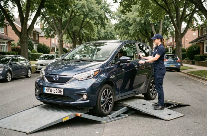 Livraison d'un véhicule électrique par une conductrice professionnelle depuis un camion de transport automobile dans une rue résidentielle
