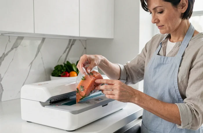 Femme utilisant la machine sous vide FoodSaver FFS005X pour emballer du saumon frais dans une cuisine moderne