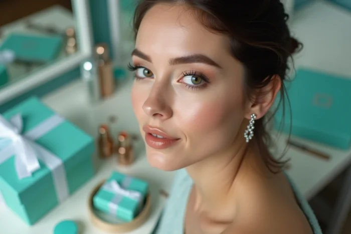Femme aux yeux maquillés en ombre aigue-marine inspirée de Tiffany, assise devant une coiffeuse avec cosmétiques et boîte bleue iconique
