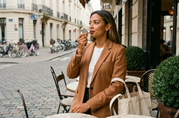 Femme élégante retouchant son rouge à lèvres mat en terrasse de café parisien, tendances maquillage automne
