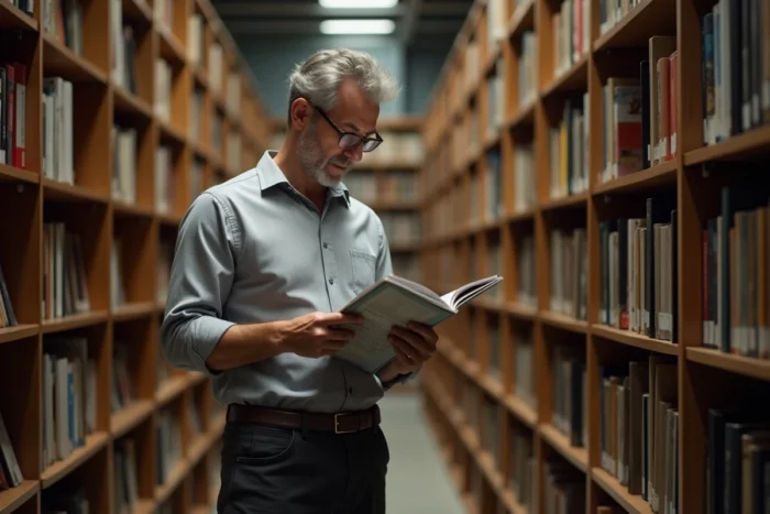 Homme consultant des archives de presse dans une bibliothèque éditoriale parisienne, illustrant le travail journalistique et la recherche documentaire sur une personnalité absente de Wikipédia