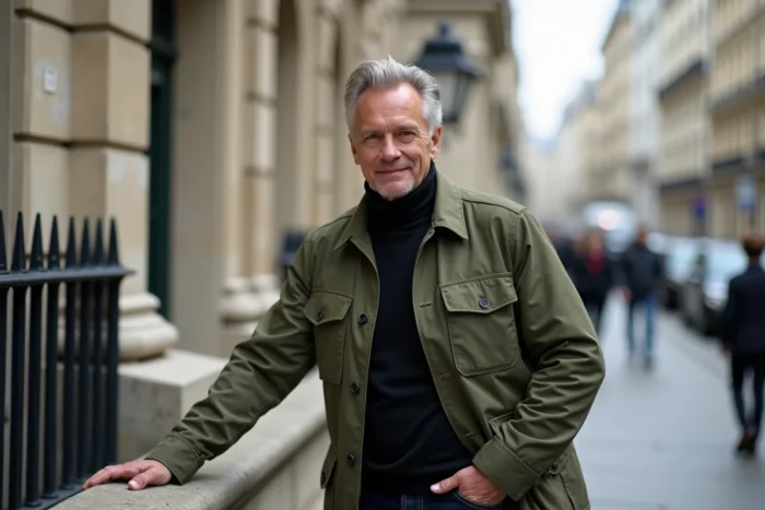 Portrait en extérieur d'un homme debout sur les marches d'un immeuble haussmannien parisien, symbolisant la reconnaissance publique et la notoriété d'une personnalité médiatique française
