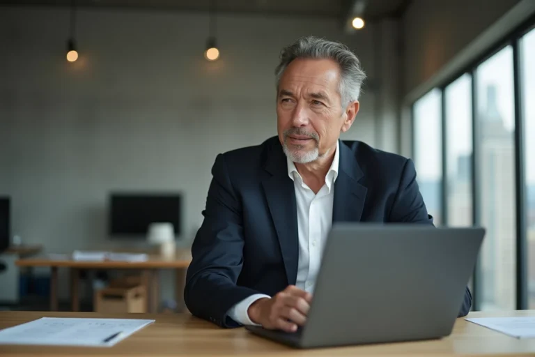 Portrait professionnel d'un homme d'affaires accompli assis à son bureau dans un bureau moderne, évoquant le parcours et la réussite d'une personnalité du monde des médias