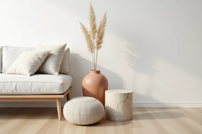 Coin salon avec matériaux bruts en touche ponctuelle : pot en terre cuite non émaillée, coussin lin texturé et table d'appoint en travertin brut