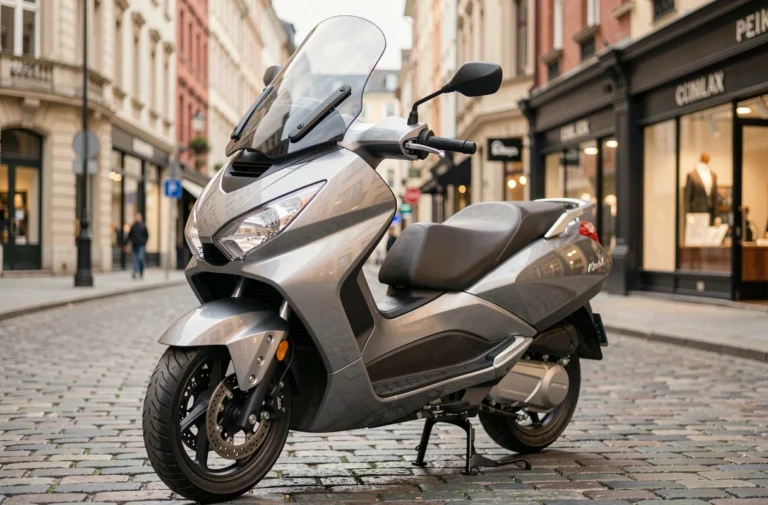 Maxi scooter 400 cm3 garé en ville avec carrosserie métallique argentée et tableau de bord numérique visible