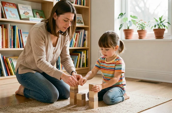 Mère et fillette jouant ensemble avec des blocs en bois dans un salon chaleureux, favorisant l'épanouissement de l'enfant