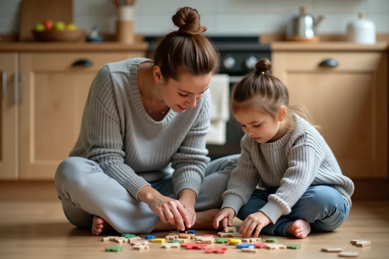 Mère et jeune enfant jouant ensemble à un puzzle en bois sur le sol de la cuisine, scène du quotidien familial chaleureuse